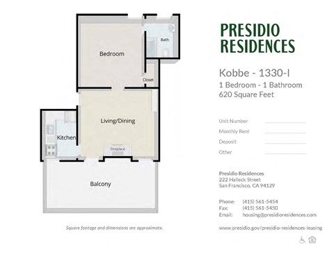 A floor plan for a 1 bedroom apartment with 1 bathroom and a total area of 620 square feet.